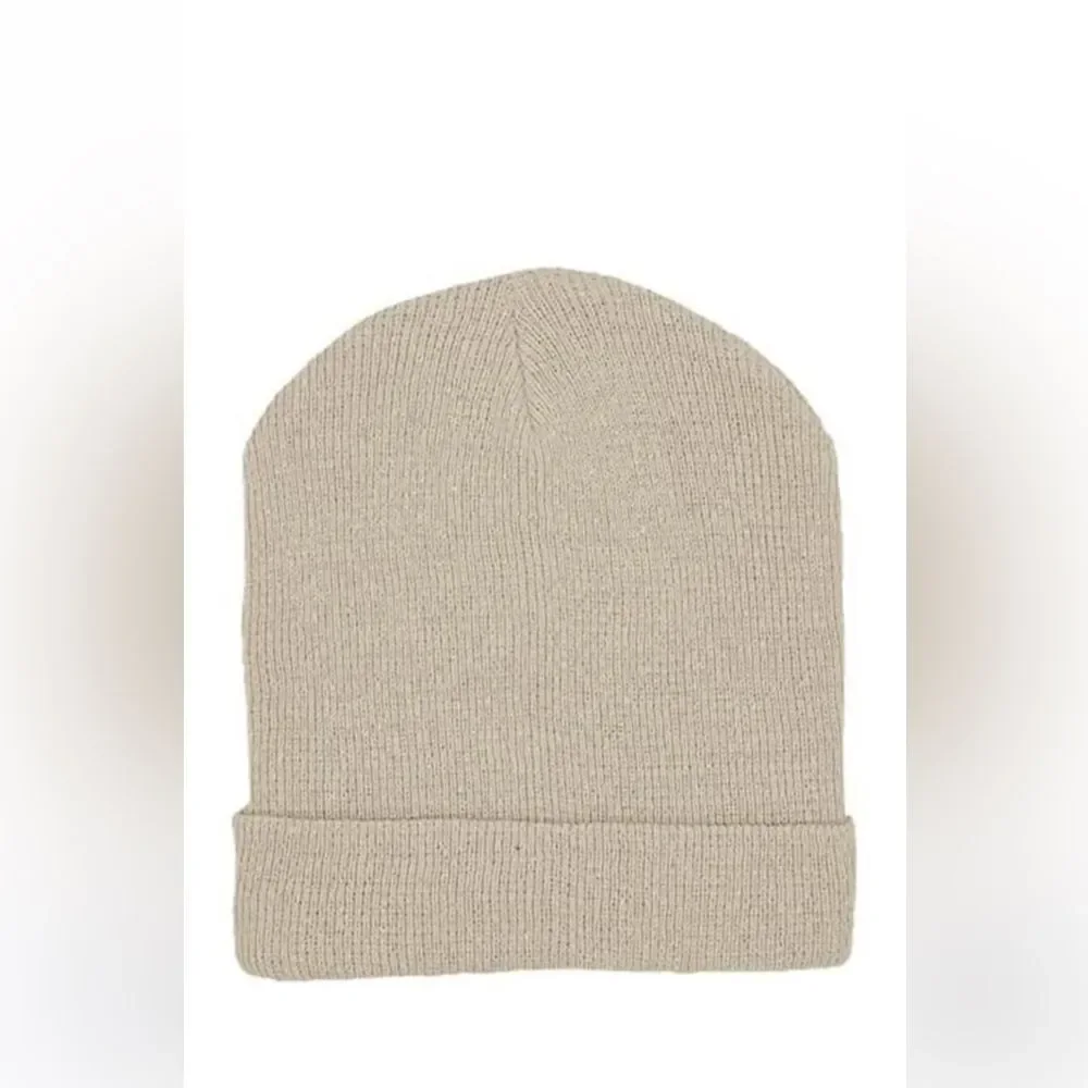 Beige Ribbed Knit Beanie Hat Lightweight Cuffed